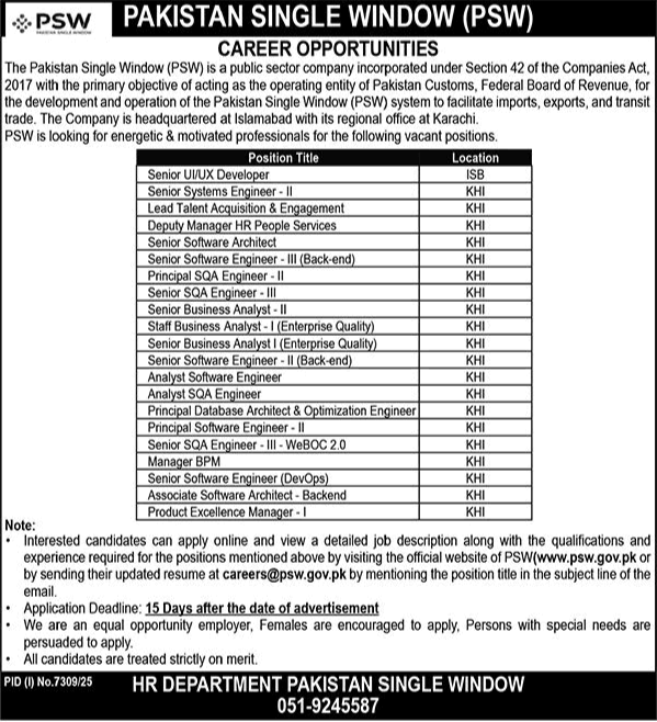Pakistan Single Window Jobs